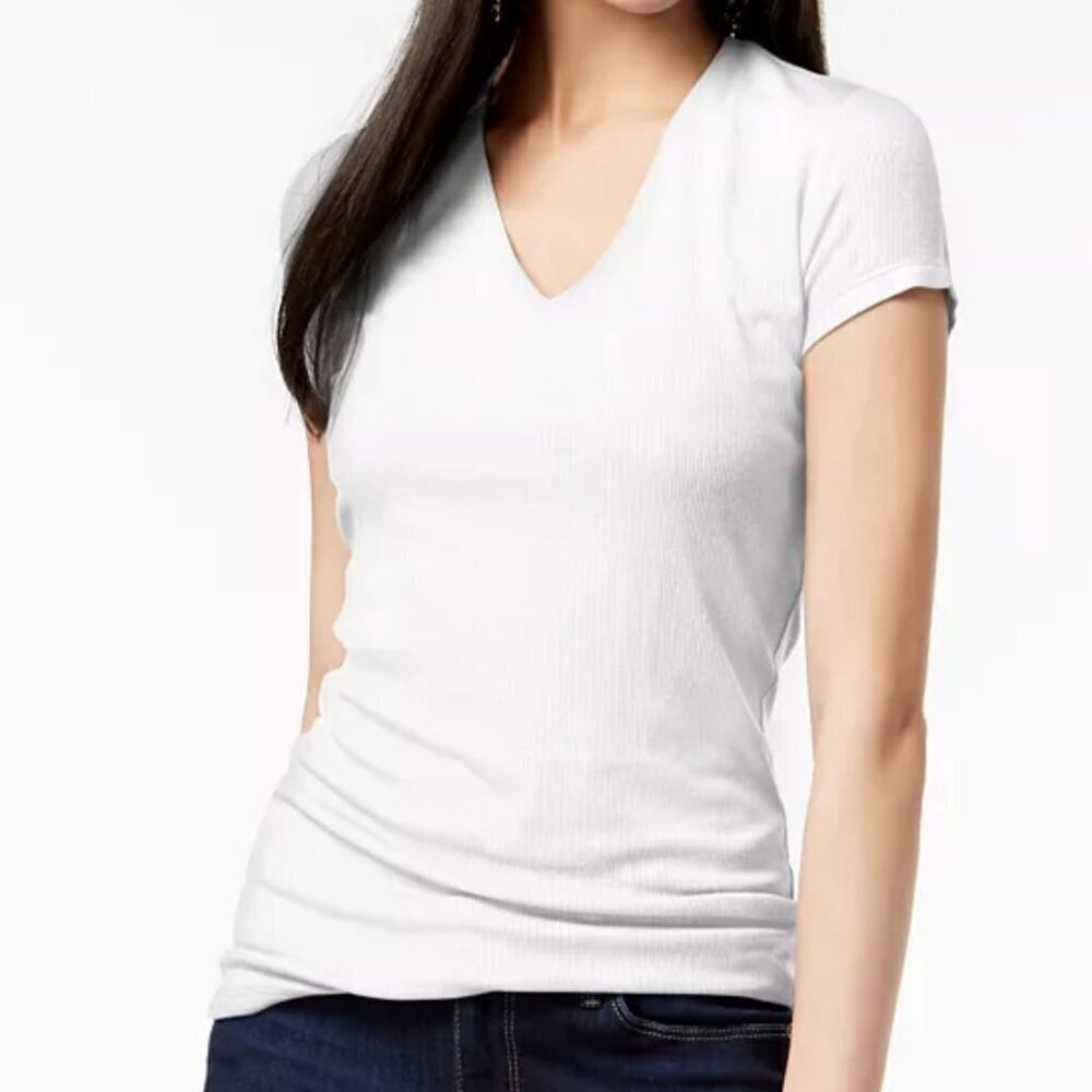 INC International Concepts Womens Size Small Short Sleeve Ribbed V-Neck Top Gray